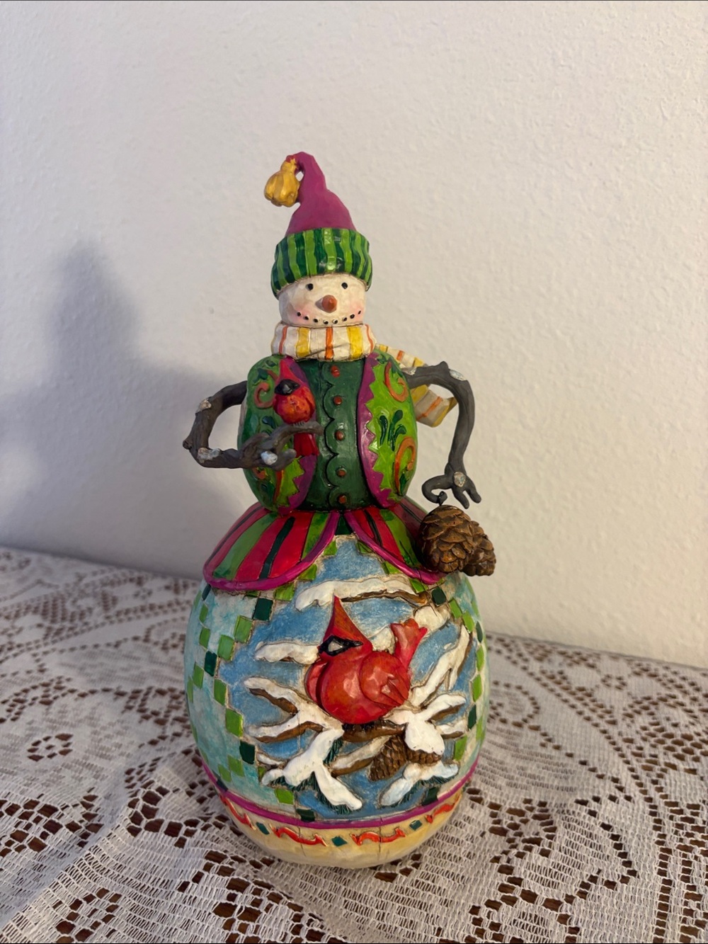 Colorful Painted Snowman Figurine with Cardinal